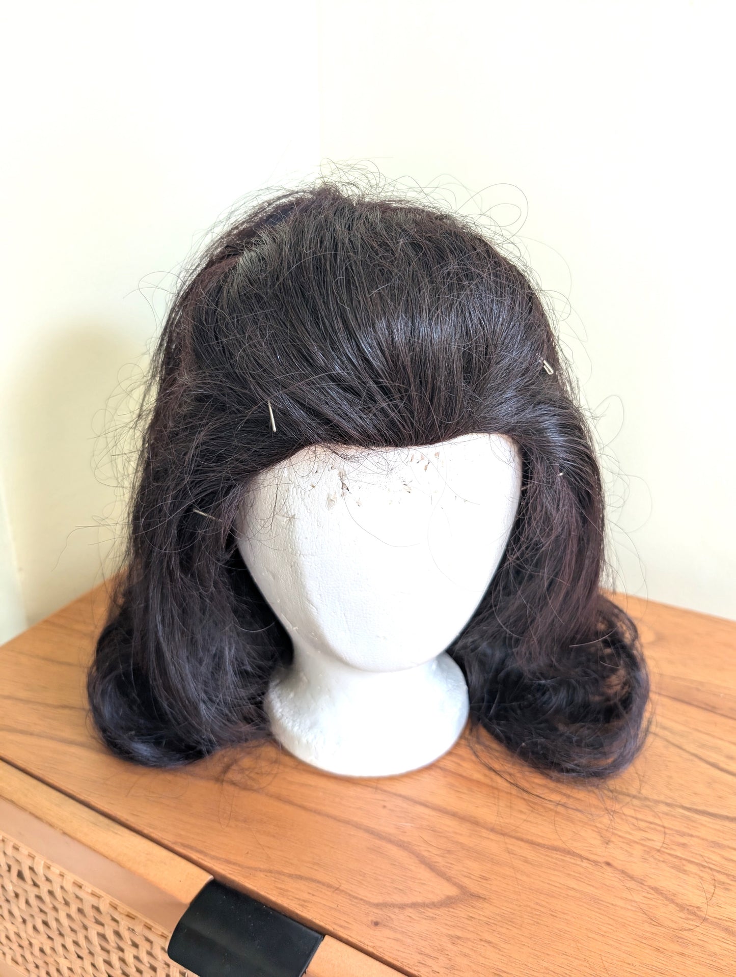 Vintage Mid Century Human Hair Wig from 1950s or 1960s Dark Brown Styled in Italy Made for Tanny's Beauty Cage