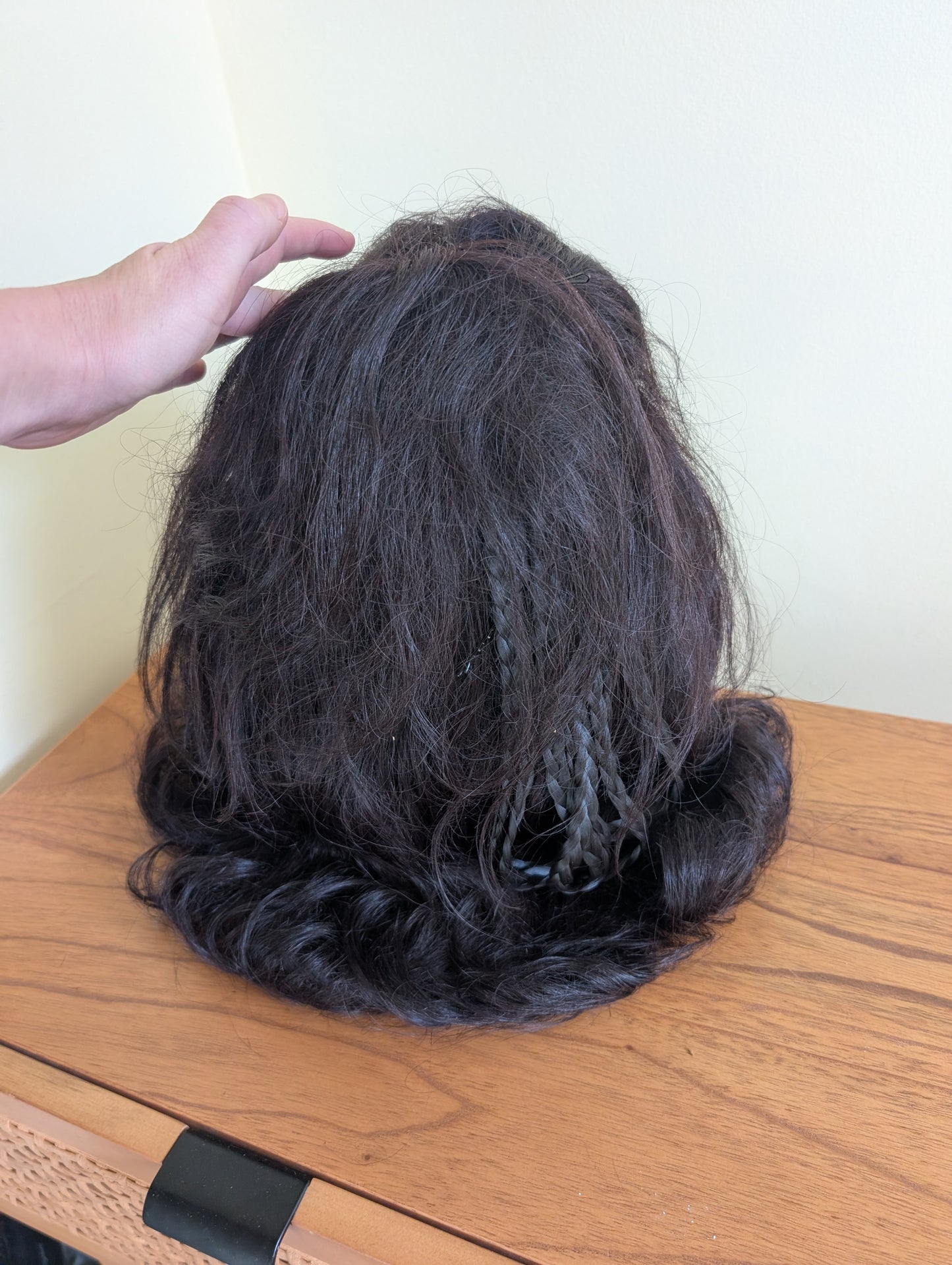 Vintage Mid Century Human Hair Wig from 1950s or 1960s Dark Brown Styled in Italy Made for Tanny's Beauty Cage