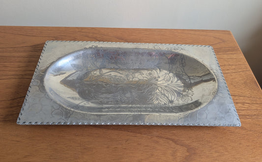 Vintage Hammered Aluminum Tray with Ornate Wildflower Design
