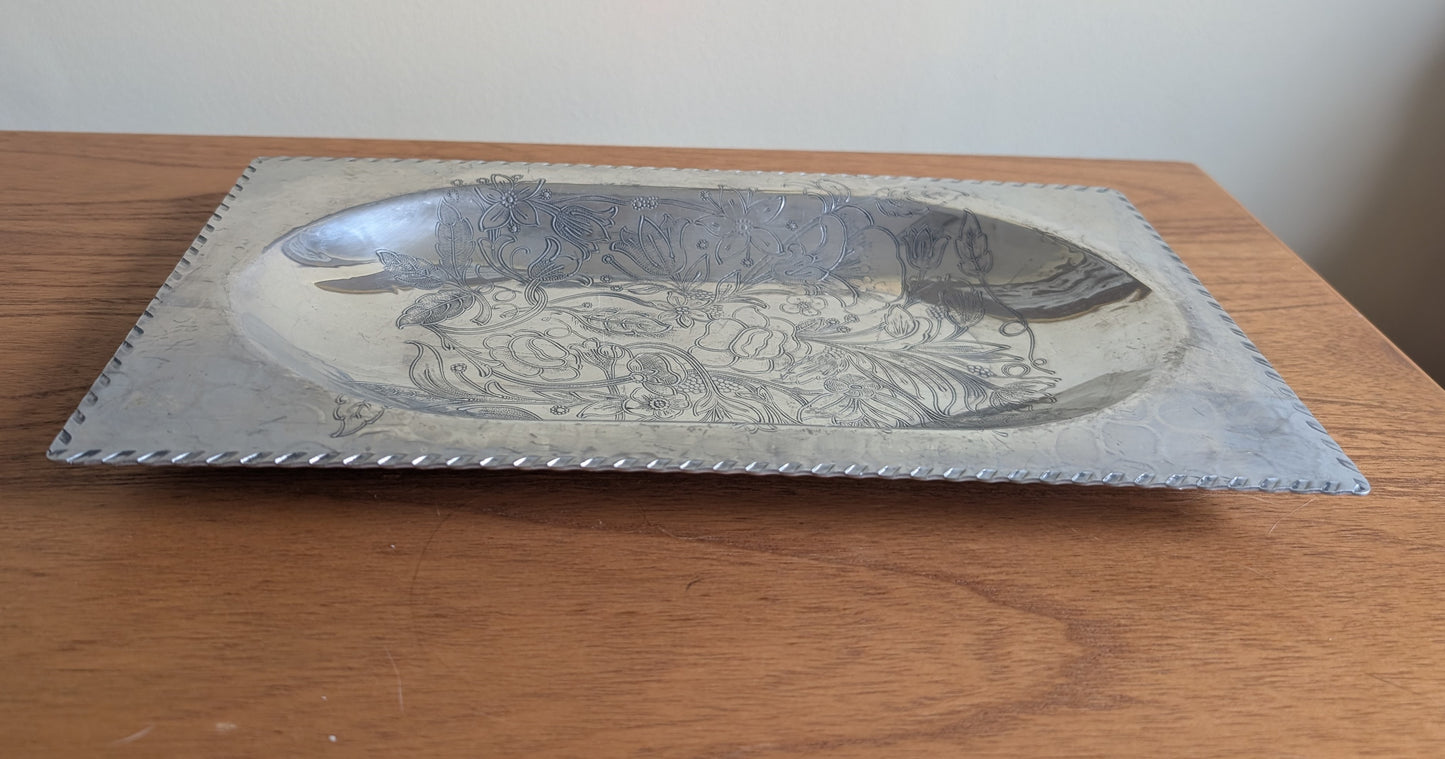 Vintage Hammered Aluminum Tray with Ornate Wildflower Design
