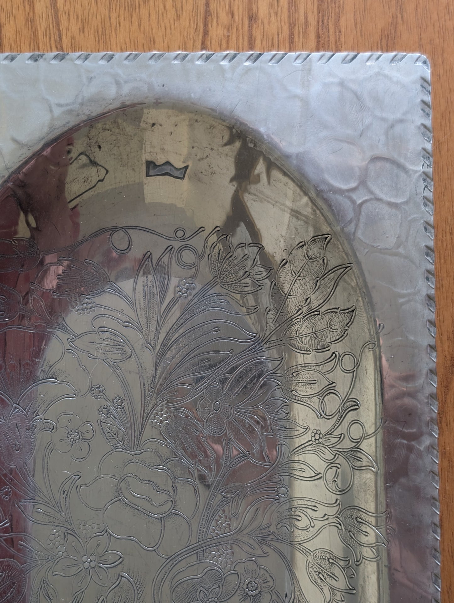 Vintage Hammered Aluminum Tray with Ornate Wildflower Design