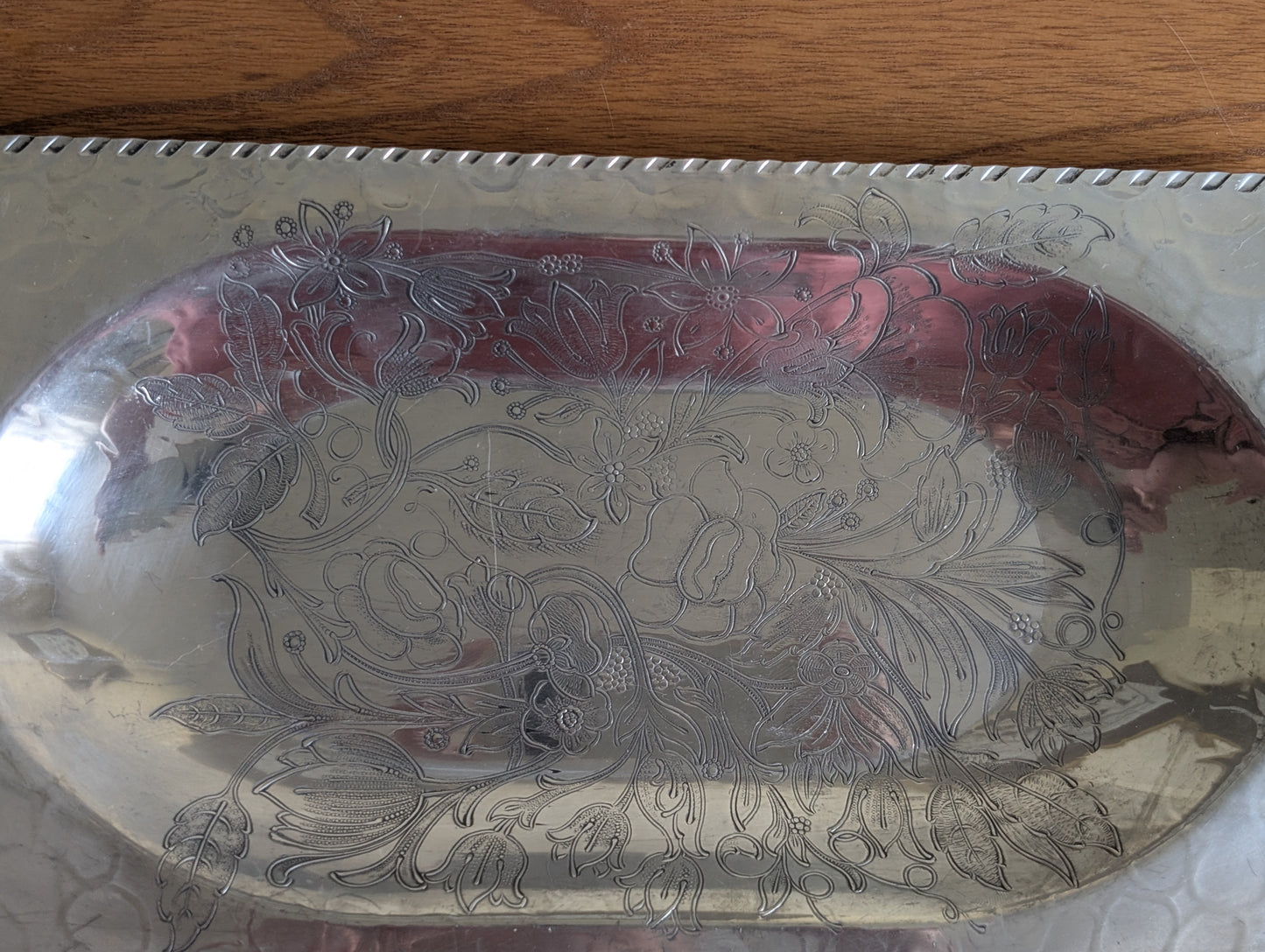 Vintage Hammered Aluminum Tray with Ornate Wildflower Design
