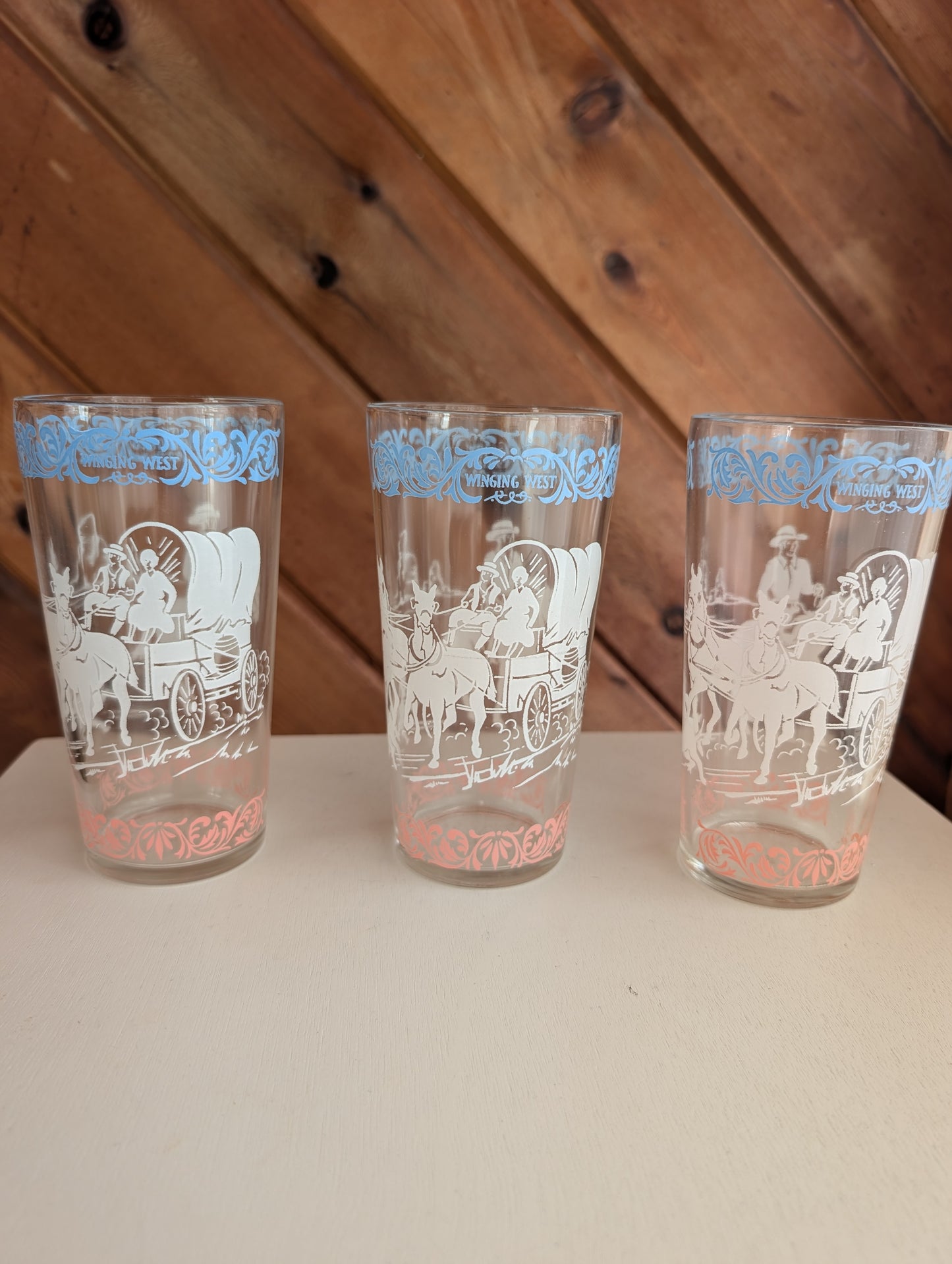 Three Vintage Hazel Atlas Winging West Glass Tumblers with Covered Wagons