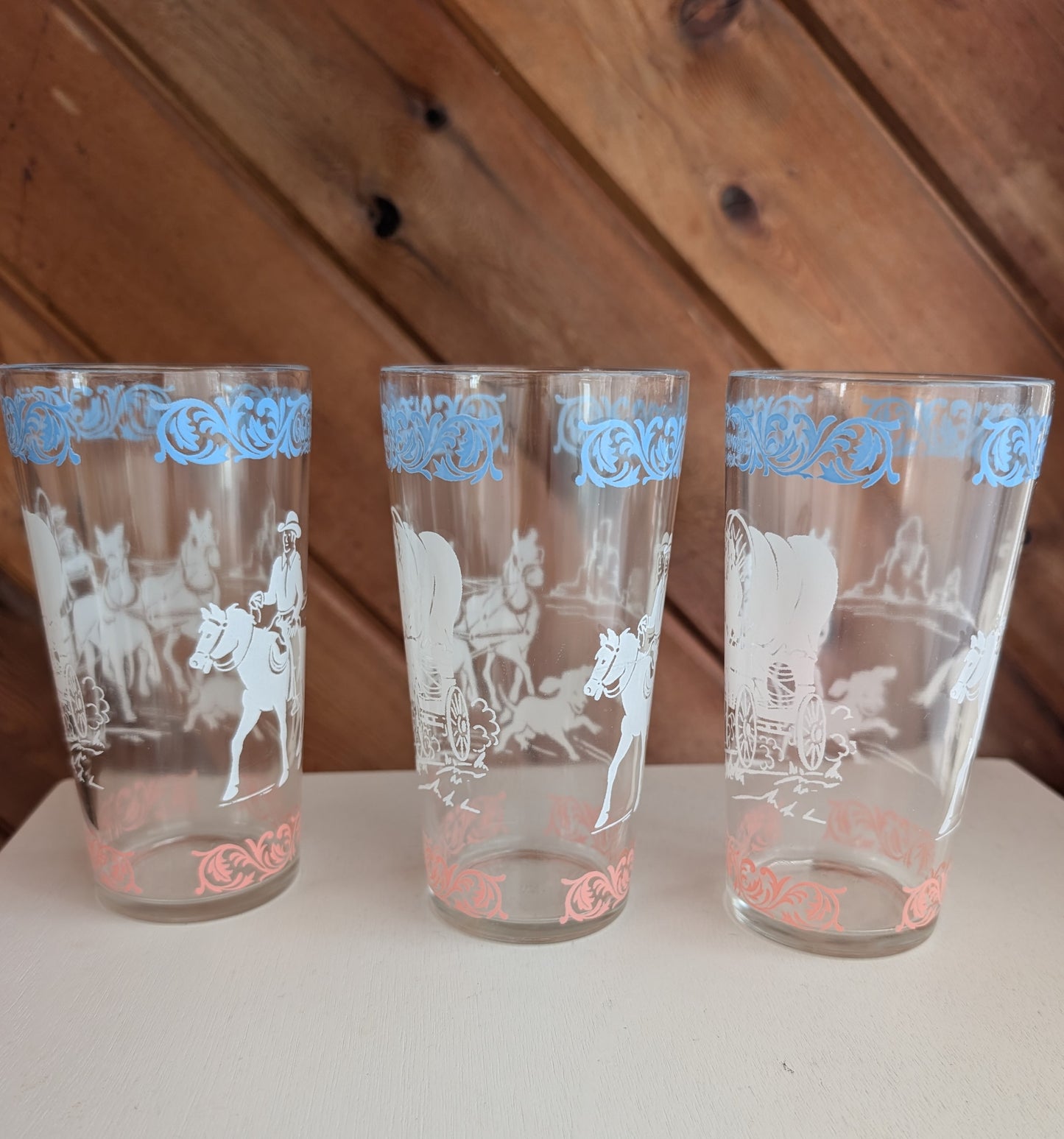 Three Vintage Hazel Atlas Winging West Glass Tumblers with Covered Wagons