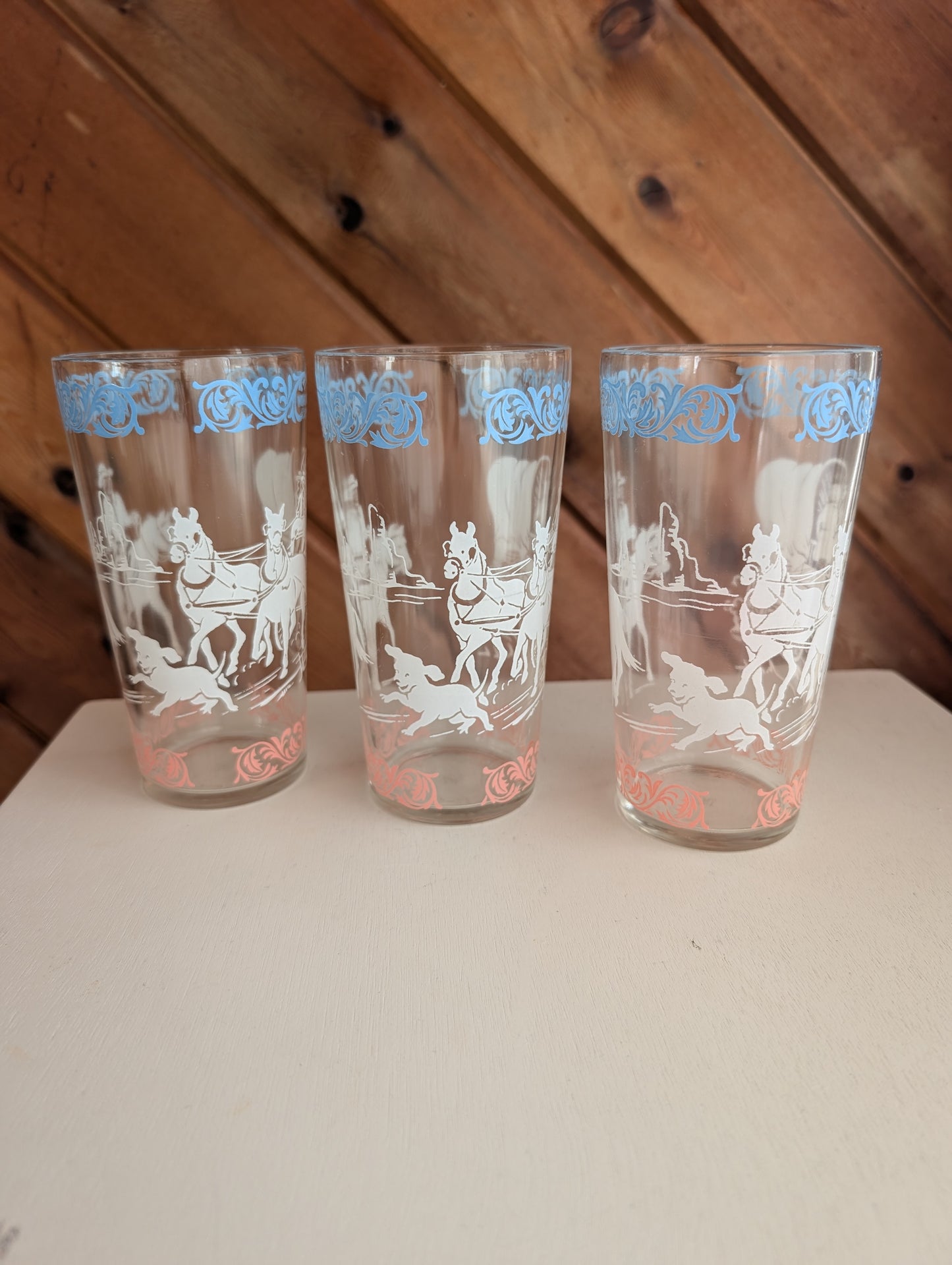 Three Vintage Hazel Atlas Winging West Glass Tumblers with Covered Wagons