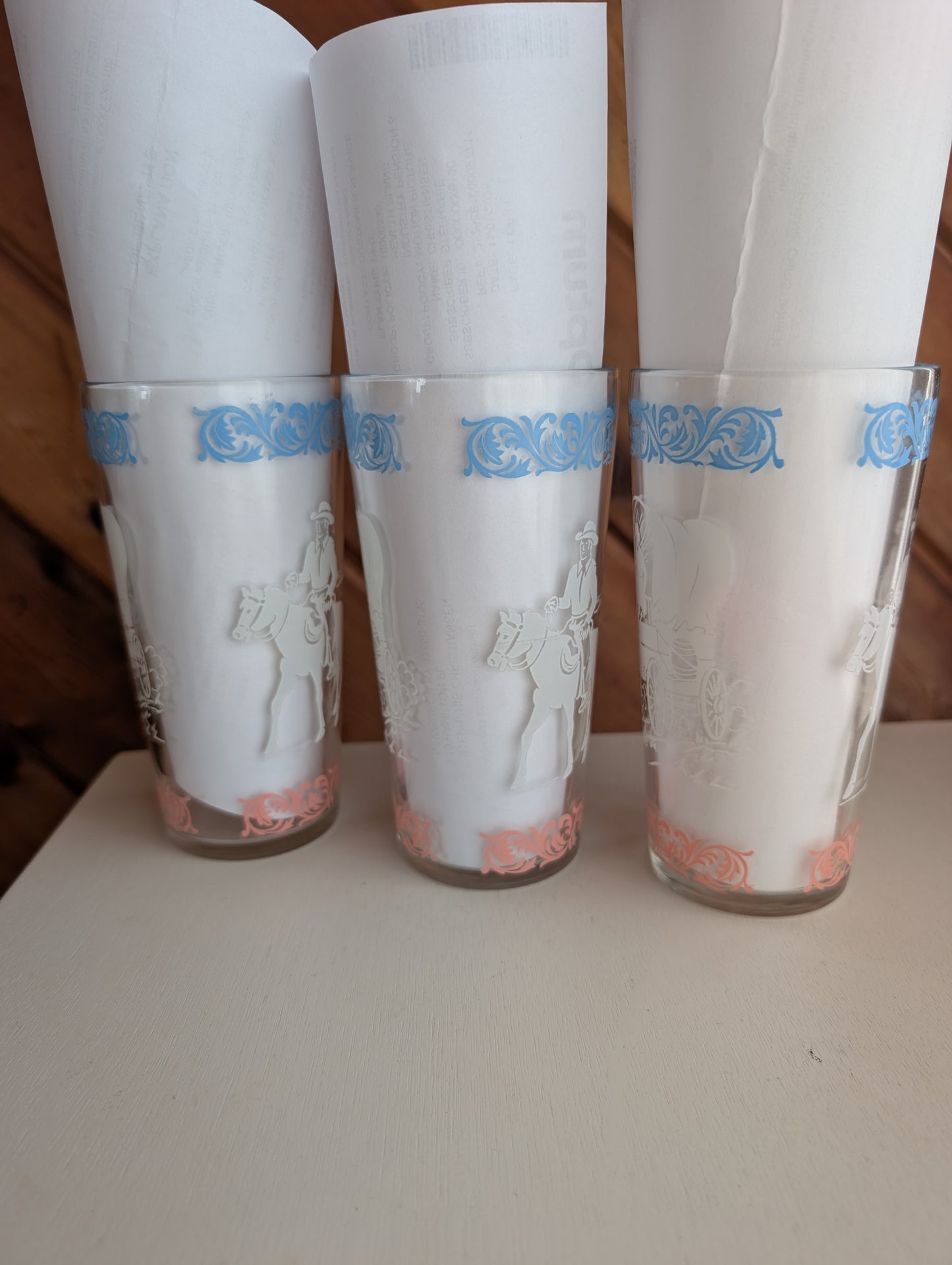 Three Vintage Hazel Atlas Winging West Glass Tumblers with Covered Wagons