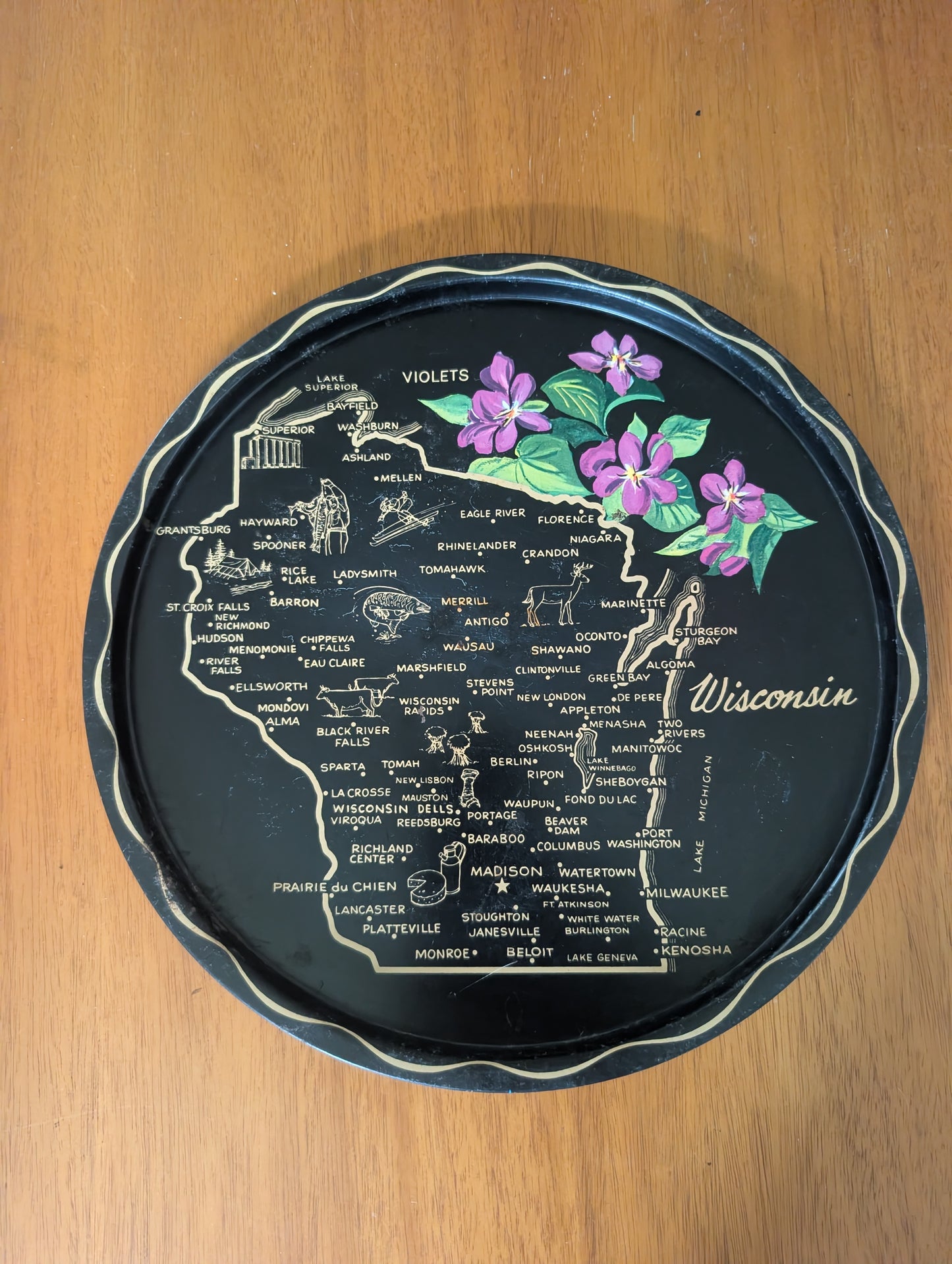 1960s Kansas USA State Black Round Metal Vintage Souvenir Serving Tray