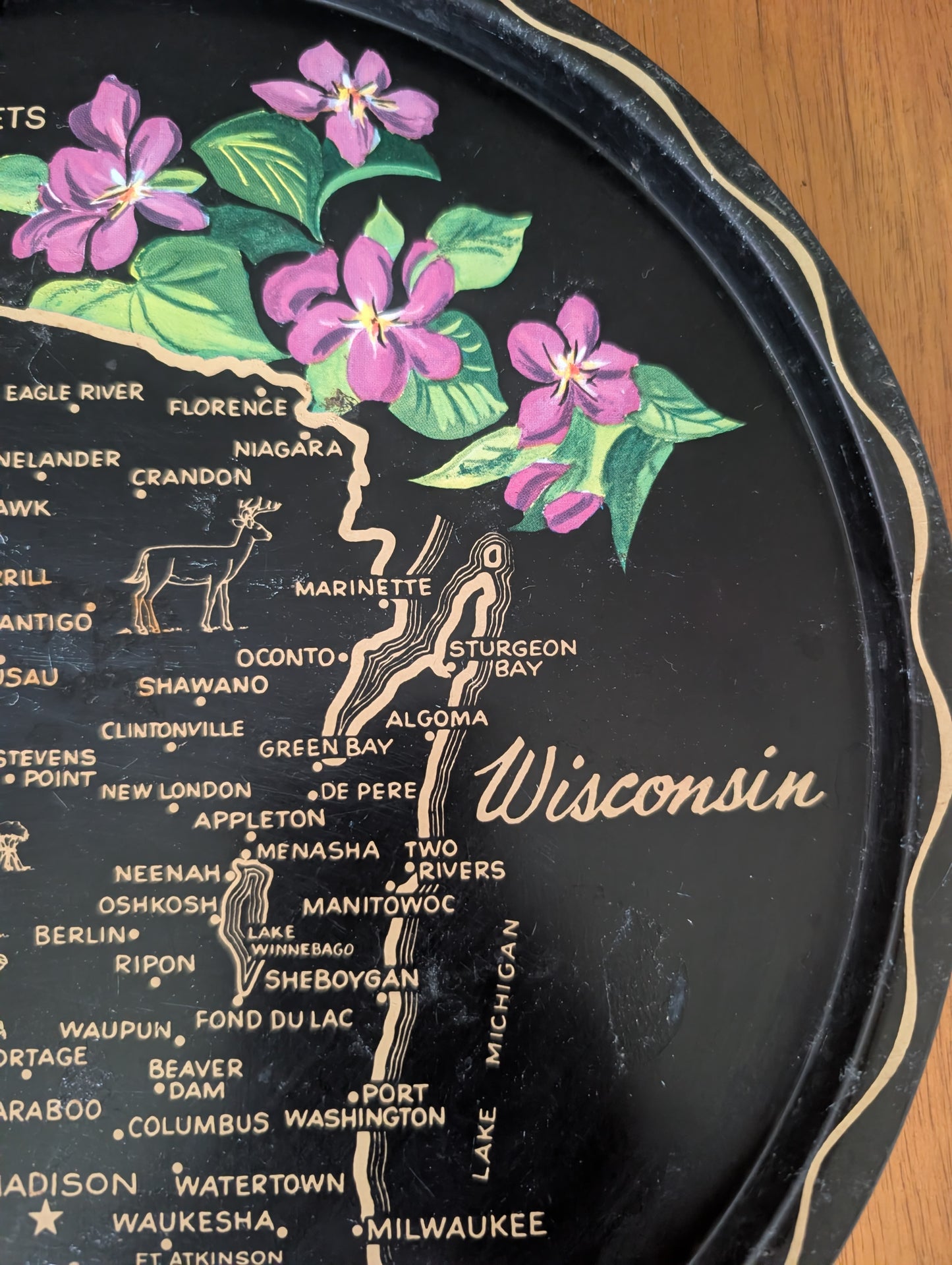 1960s Kansas USA State Black Round Metal Vintage Souvenir Serving Tray