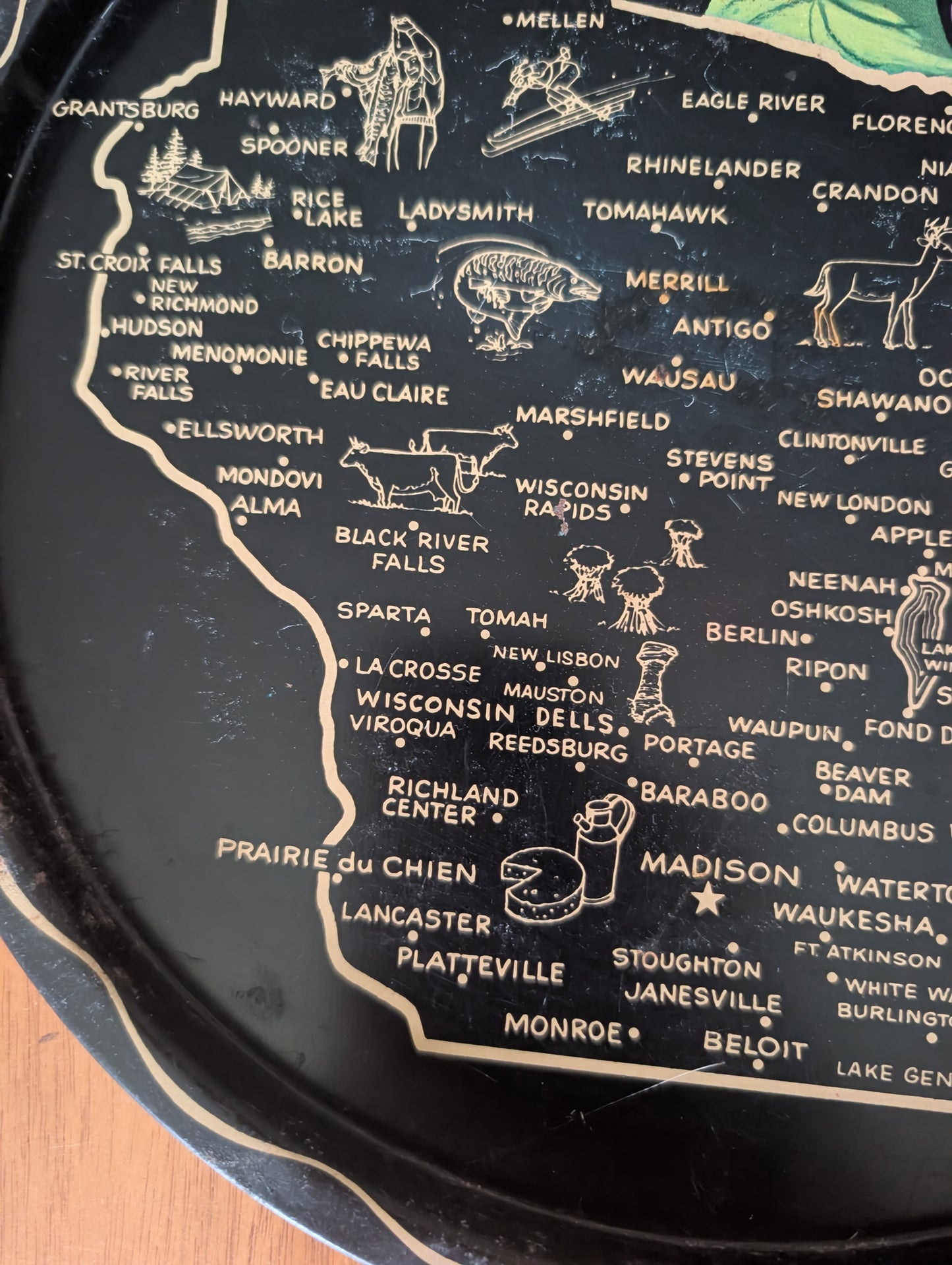 1960s Kansas USA State Black Round Metal Vintage Souvenir Serving Tray