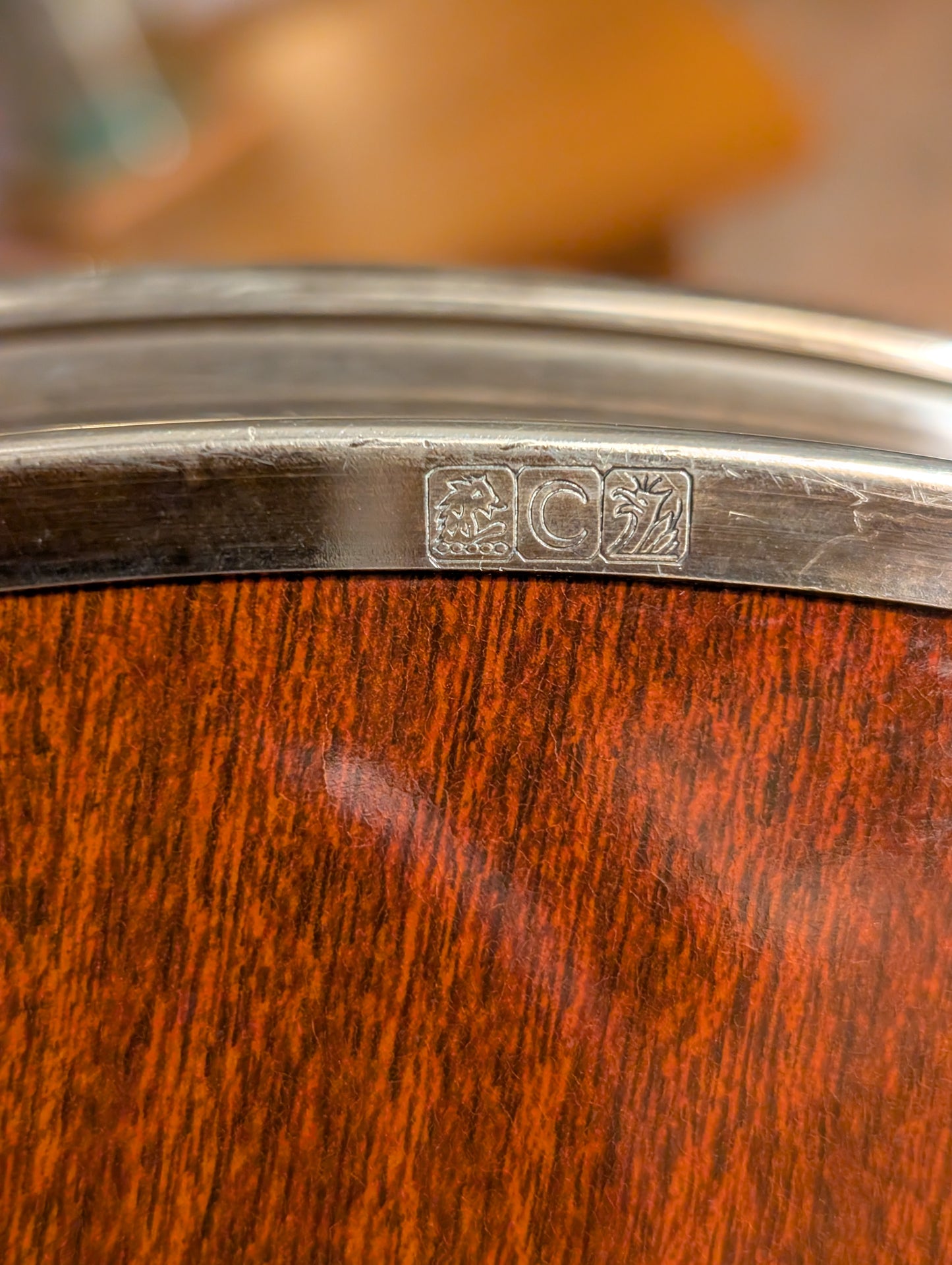 Silver Plated Formica Round 14.5” Footed Cocktail Serving Tray MCM