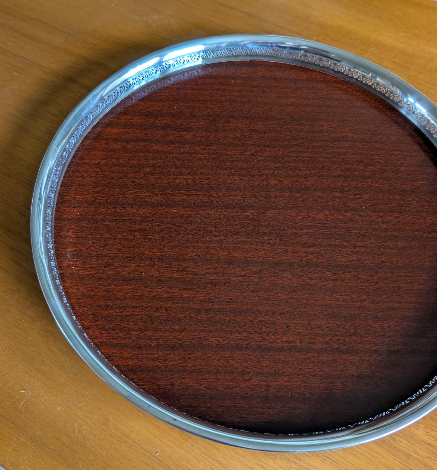 Silver Plated Formica Round 14.5” Footed Cocktail Serving Tray MCM