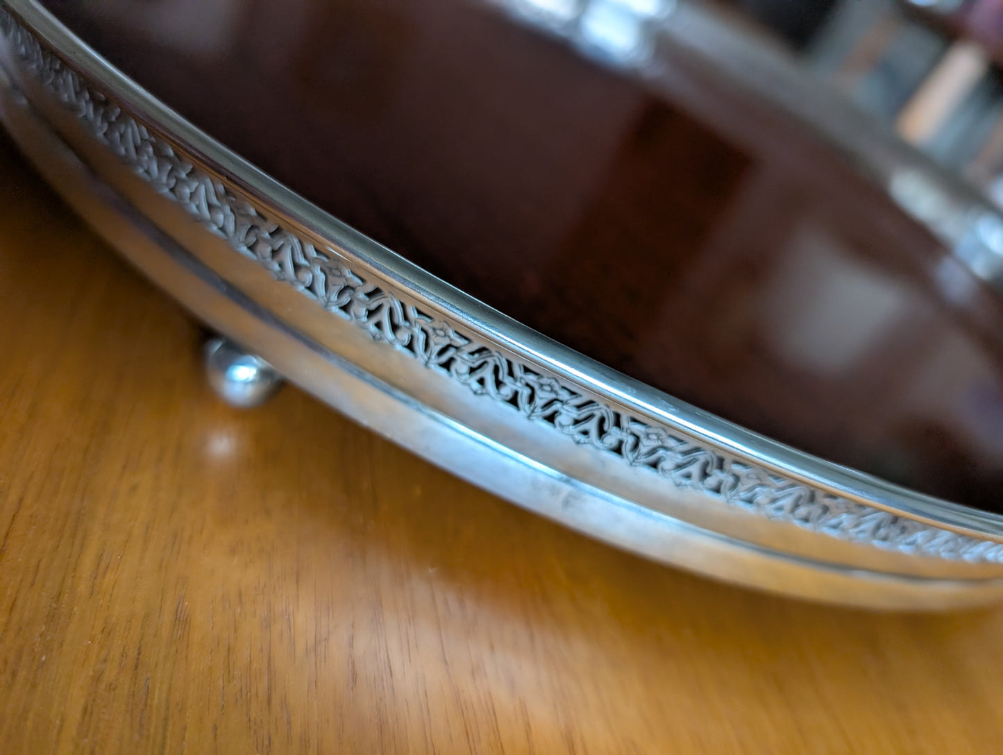 Silver Plated Formica Round 14.5” Footed Cocktail Serving Tray MCM