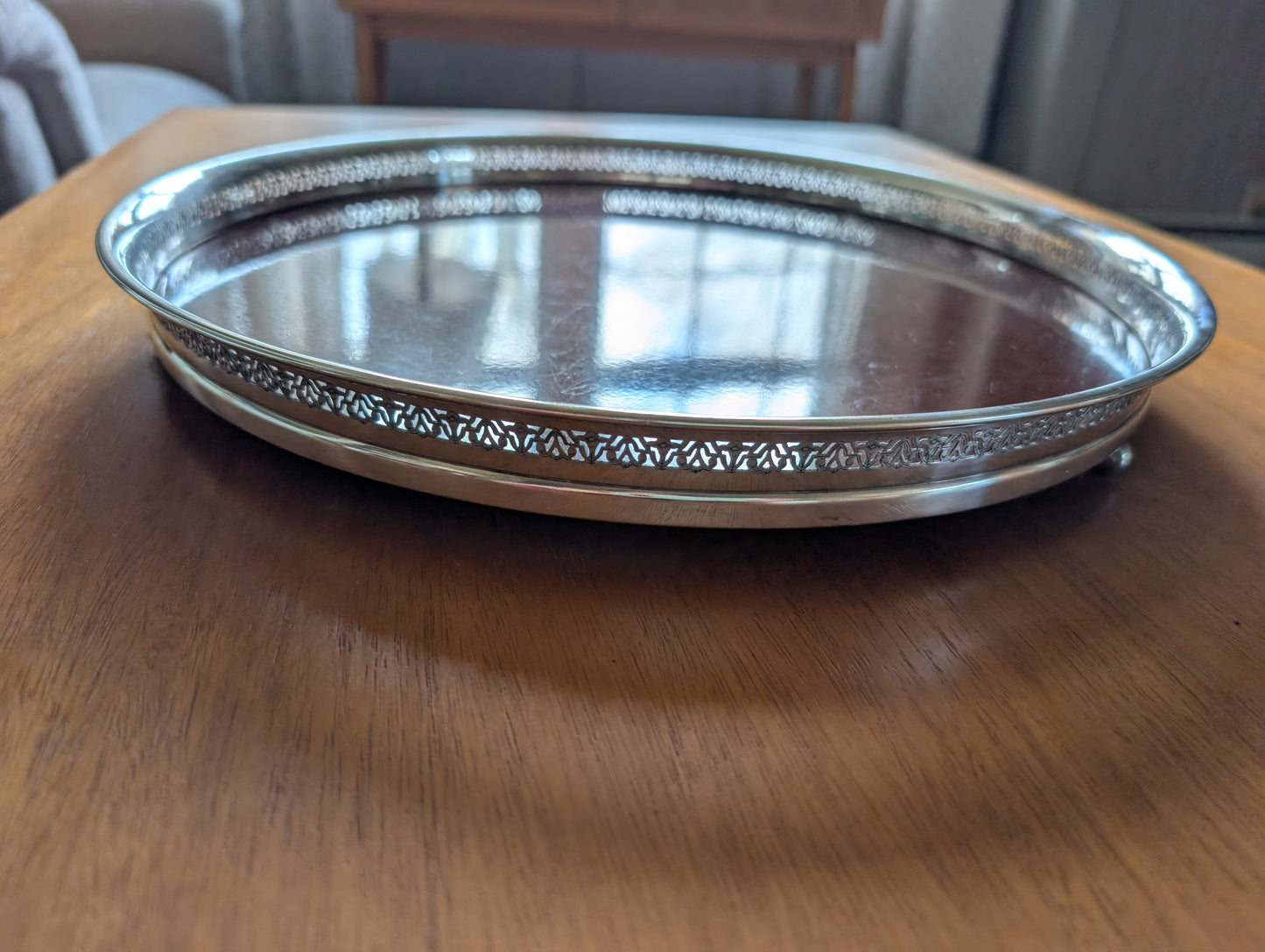 Silver Plated Formica Round 14.5” Footed Cocktail Serving Tray MCM