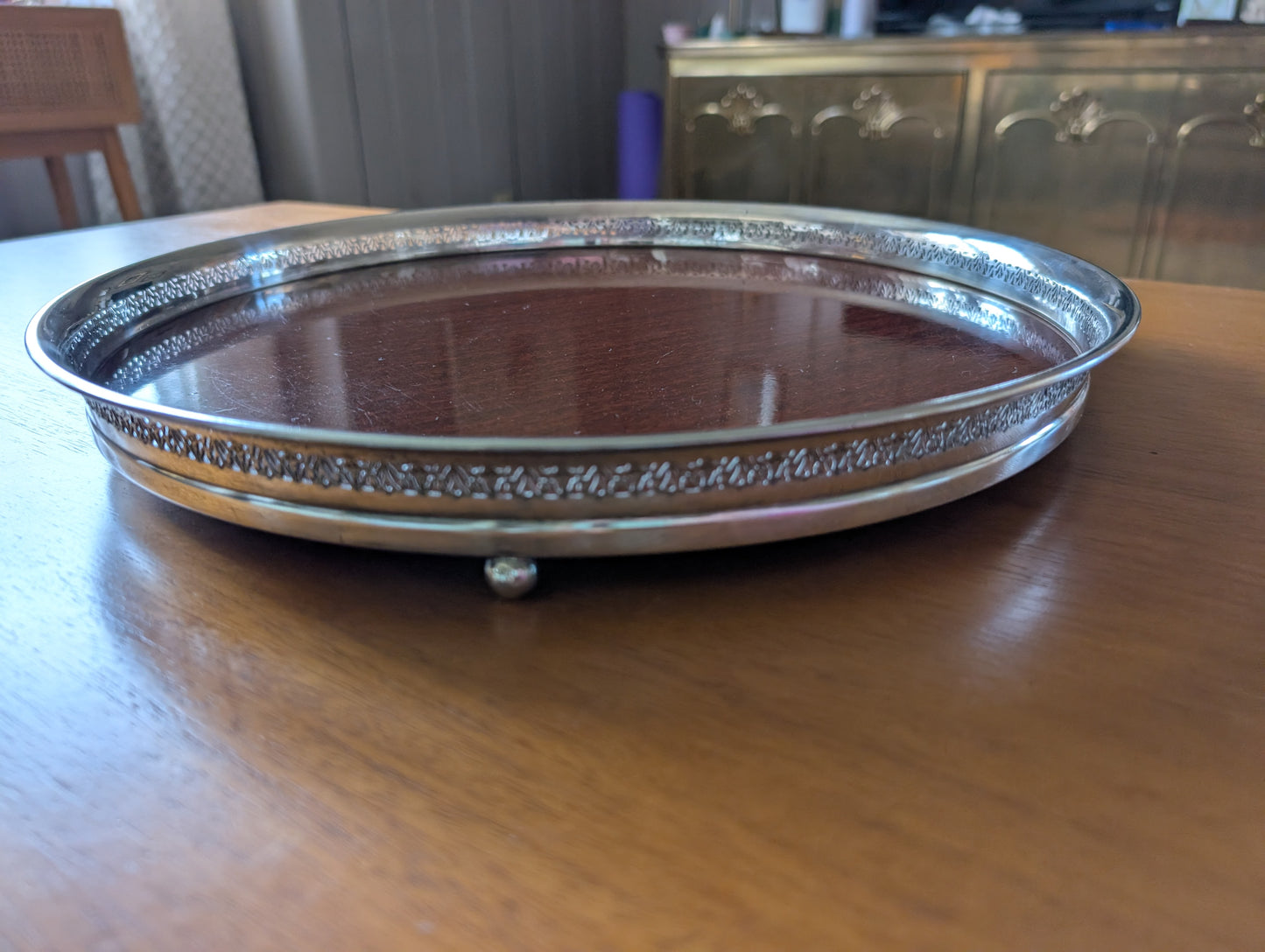Silver Plated Formica Round 14.5” Footed Cocktail Serving Tray MCM