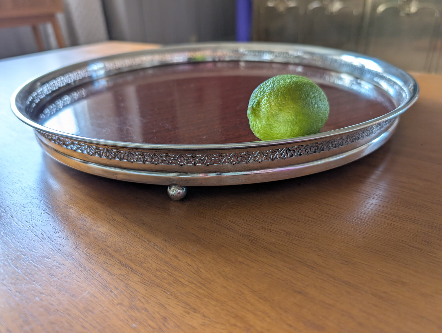 Silver Plated Formica Round 14.5” Footed Cocktail Serving Tray MCM