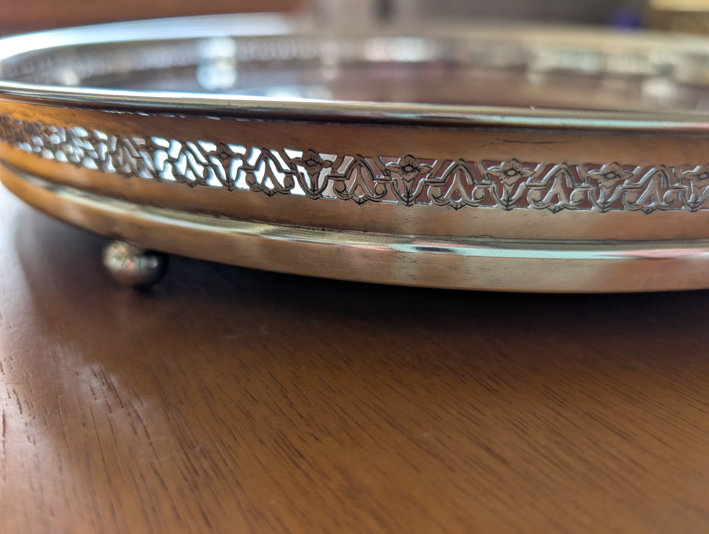 Silver Plated Formica Round 14.5” Footed Cocktail Serving Tray MCM