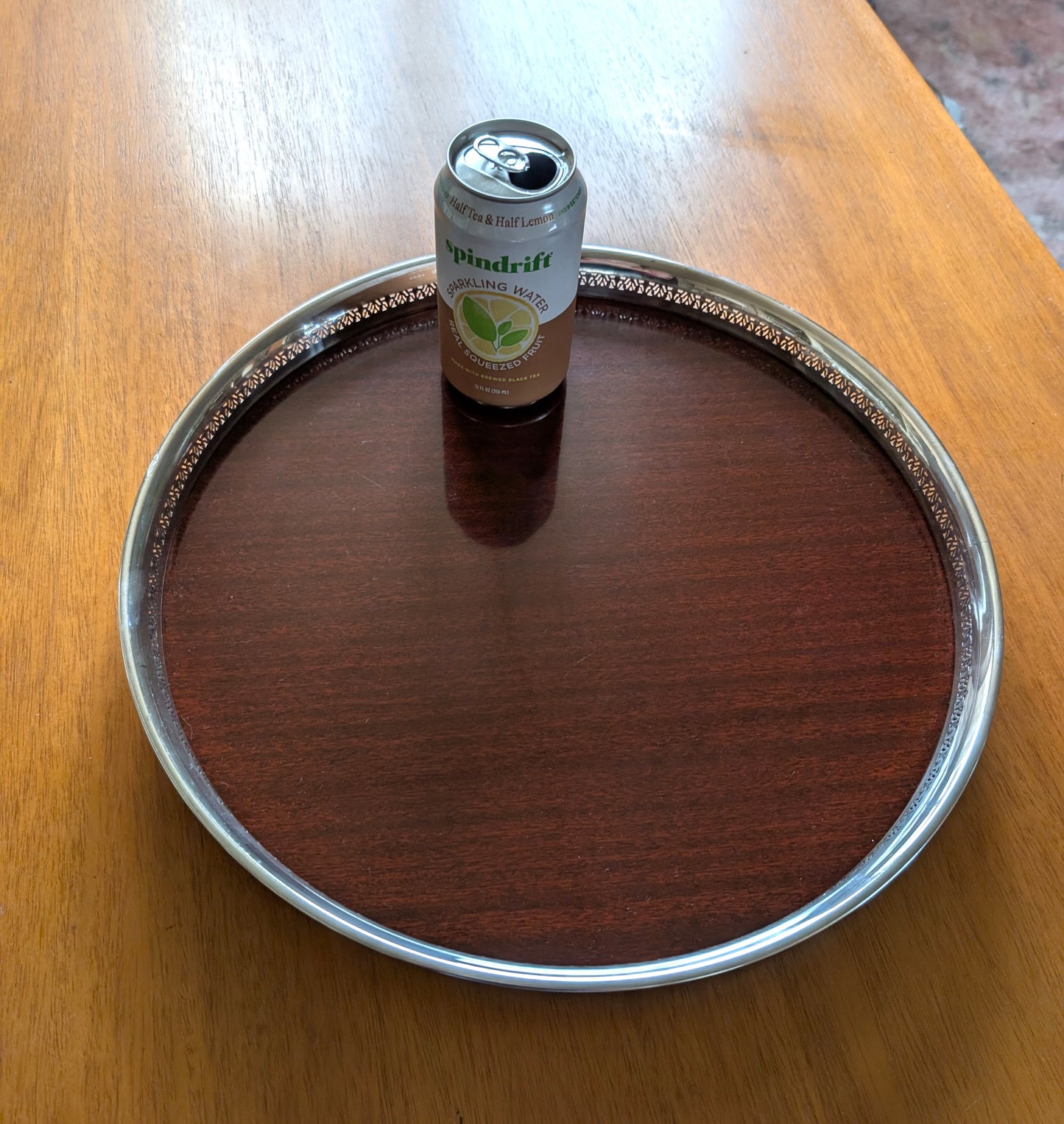 Silver Plated Formica Round 14.5” Footed Cocktail Serving Tray MCM