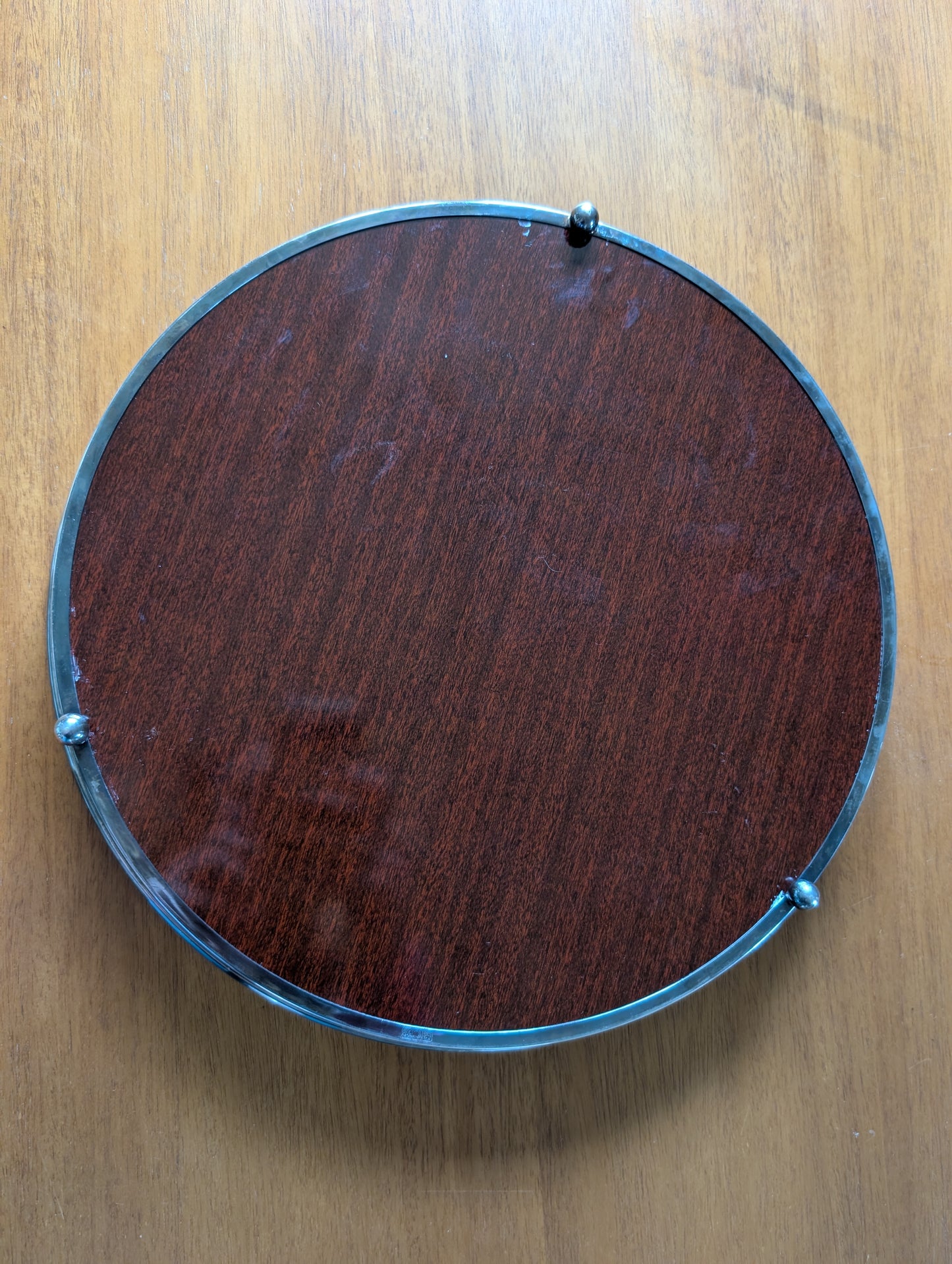 Silver Plated Formica Round 14.5” Footed Cocktail Serving Tray MCM